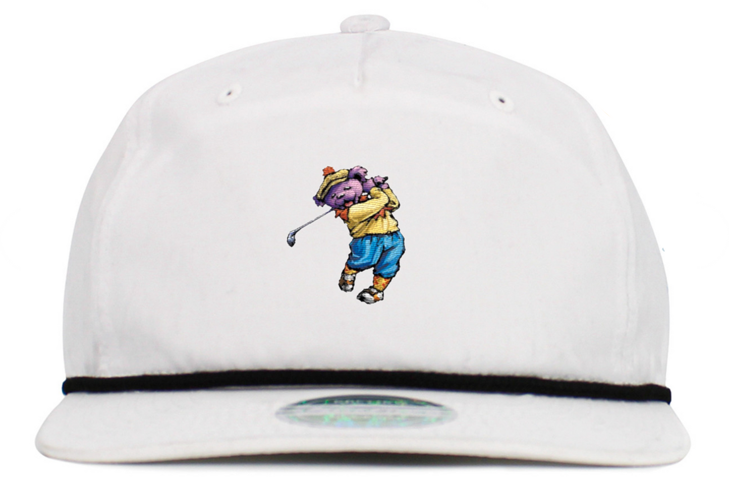 Grateful Dead Dancing Bear Baseball Hat (5-Panel Brim Rope), White, Front View